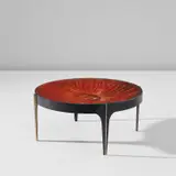 Low table, model no. 1774 by Duilio (Dubé) Barnabé and Fontana Arte, circa 1958, Reverse-painted glass with gold leaf, glass, painted metal, brass, sold Apr 2025