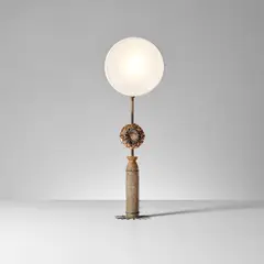 Rare table lamp by Line Vautrin, circa 1965, Talosel resin, coloured glass, brass, fabric shade, sold Apr 2025