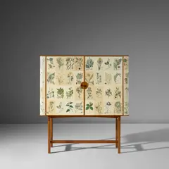 Josef Frank, 'Flora' cabinet, model no. B 955, designed 1938, produced 1965, Honduran mahogany, Honduran mahogany-veneered wood, printed paper, brass