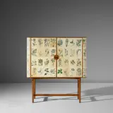 Josef Frank, 'Flora' cabinet, model no. B 955, designed 1938, produced 1965, Honduran mahogany, Honduran mahogany-veneered wood, printed paper, brass