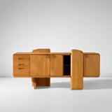 Pierre Chapo, Sideboard, model no. R28, designed 1985, produced 1986, Elm, coloured glass, brass
