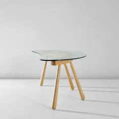 Enzo Mari, 'Boomerang' desk, circa 2001, Beech, glass, stainless steel