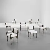 Set of six chairs, model no. PE-106 and two armchairs, model no. PE-105 by Paul Evans, circa 1972, Bronzed resin-covered metal, fabric, sold Apr 2025