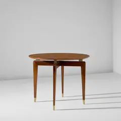 Side table by Gio Ponti, circa 1950, East Indian rosewood-veneered wood, walnut, brass, sold Apr 2025