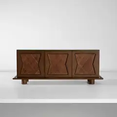 Jean Royere, Sideboard, circa 1955, Stained oak-veneered wood, stained oak, glass, cane