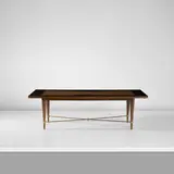 Jean Royere, Extendable dining table, circa 1955, Stained oak-veneered wood, stained oak, glass, cane, painted wood, brass