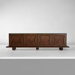 Large sideboard by Jean Royere, circa 1955, Stained oak-veneered wood, stained oak, glass, cane, sold Nov 2025
