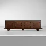 Jean Royere, Large sideboard, circa 1955, Stained oak-veneered wood, stained oak, glass, cane