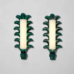 Pair of wall lights by Georges Jouve, circa 1950, Glazed earthenware, fabric shades, sold Nov 2025