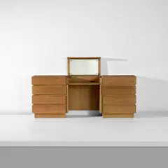 Jean Royere, Dressing table, circa 1955, Oak-veneered wood, oak, glass, mirrored glass, brass