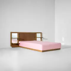 Jean Royere, Bed with integrated bedside tables, circa 1955, Oak, stained oak-veneered wood, fabric, glass, mirrored glass