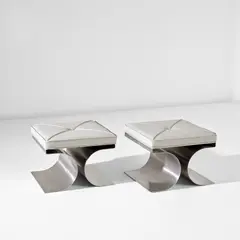 Michel Boyer, Pair of 'X' stools, circa 1968, Stainless steel, leather