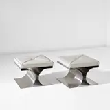 Michel Boyer, Pair of 'X' stools, circa 1968, Stainless steel, leather