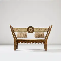 Carlo Bugatti, Bench, circa 1902, Walnut with brass and pewter inlay, walnut, stained walnut, parchment, fabric passementerie, copper