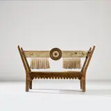 Carlo Bugatti, Bench, circa 1902, Walnut with brass and pewter inlay, walnut, stained walnut, parchment, fabric passementerie, copper