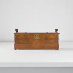 Chest by Ugo Ceruti, circa 1902, Maple-veneered wood with bird's eye maple inlay, maple-veneered wood, maple, stained wood, brass, sold Nov 2025