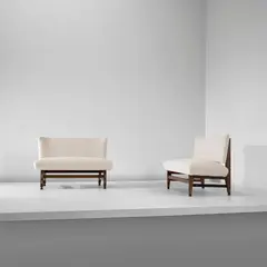 Studio B.B.P.R., Pair of two-seater sofas, circa 1955, Teak, painted steel, painted brass, brass, fabric