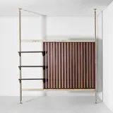 'Afrique' room divider, designed for the Unité d'habitation Air France, Brazzaville by Charlotte Perriand and Jean Prouvé, circa 1952, Painted steel, African padauk, sold Nov 2025