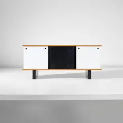 Sideboard, for Miferma, Mauritania by Charlotte Perriand, circa 1958, Ash-veneered wood, plastic laminate-covered wood, painted steel, sold Nov 2025