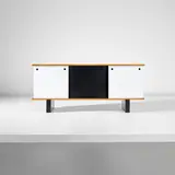 Charlotte Perriand, Sideboard, for Miferma, Mauritania, circa 1958, Ash-veneered wood, plastic laminate-covered wood, painted steel