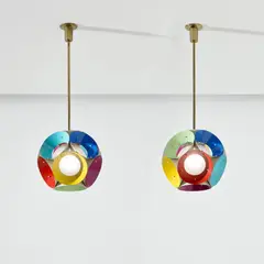 Angelo Lelii, Pair of rare ceiling lights, circa 1963, Painted aluminium, glass, brass