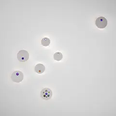 Angelo Lelii, Set of seven wall lights, circa 1966, Stainless steel, acrylic, painted aluminium, murrine glass