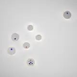 Angelo Lelii, Set of seven wall lights, circa 1966, Stainless steel, acrylic, painted aluminium, murrine glass