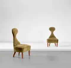 Renzo Zavanella, Pair of rare chairs, circa 1950, Fabric, sapele mahogany