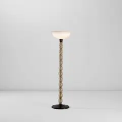 Carlo Scarpa, Floor lamp, circa 1942, Rigato tondo glass with gold leaf inclusions, glass with gold leaf inclusions, lattimo aurato incamiciato glass, brass
