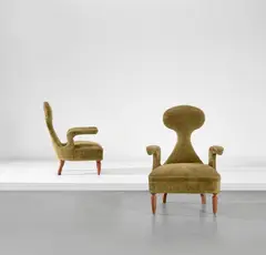 Renzo Zavanella, Pair of rare armchairs, circa 1950, Fabric, sapele mahogany
