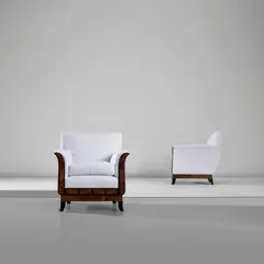 Emilio Lancia, Pair of armchairs, circa 1935, Burr walnut-veneered wood, walnut-veneered wood, stained wood, fabric