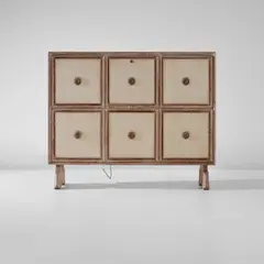 Paolo Buffa, Illuminated cabinet with drop front unit, circa 1950, Limed oak, limed oak-veneered wood, fabric, mirrored glass, coloured glass, brass