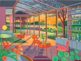Alfie Caine, Interior with Sunflowers at Sunset, 2020, oil, acrylic and paper collage on canvas