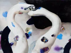 Ambera Wellmann, Coil Comprehension, 2018, oil and flower collage on linen
