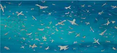Aerei by Alighiero Boetti, 1989, watercolour and ballpoint pen on 3 sheets of paper laid on canvas, sold Mar 2024