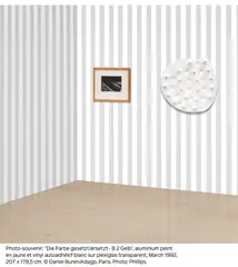 Exposition d’une exposition : Rebondissement - Bleu clair, travail in situ by Daniel Buren, 8.7 cm wide white self-adhesive vinyl on light blue acrylic paint, offered Mar 2024