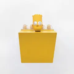 Haim Steinbach, pop art I-2, 1990, plastic laminated wood shelf; Bart Simpson latex mask on mount; 4 ceramic mugs