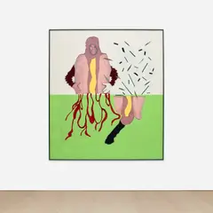 Alex Da Corte, Untitled (Hot Dog/The Martyrdom of Saint Erasmus on New Year's Eve), 2014, digitally printed sheer nylon, plastic leaves, velvet, ribbon, theatrical stage gels, suede, sequin pins, foam, tape and spray paint on Plexiglas, in artist's frame