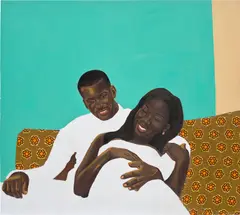 Cornelius Annor, Expecting, 2020, acrylic and fabric collage on canvas