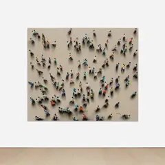 Juan Genovés, Mirada al horizonte, 2008, acrylic, charcoal, plaster and fabric collage on canvas laid on panel