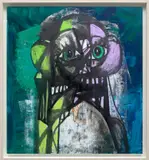 George Condo, Green and Purple Head Composition, 2018, acrylic, charcoal, pastel and pigment stick on linen, in artist's frame