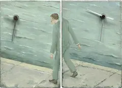 Francis Alÿs, Déjà-vu (Clock), 2004, oil, encaustic and clock on canvas, diptych