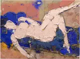 Manolo Valdés, Desnudo sobre fonda rosa, oil, thread and burlap collage on linen