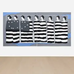 John Wesley, Nine female inmates of the Cincinnati workhouse participating in a patriotic tableau, 1976, acrylic on linen, diptych