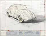 Christo, Wrapped Volkswagen, Project for 1961 Volkswagen Beetle Saloon, 2013, graphite, crayon and oil on fabric, trine and photograph collage on paper mounted on panel, in artist's Plexiglas box frame