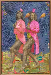Derek Fordjour, Tandem Blue, 2018, acrylic, charcoal, oil pastel and foil on newspaper mounted on canvas, in artist's frame