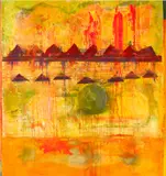 R.A. Obe Sir Frank Bowling, Recovering Thanks To My Swedish Friends, 2014, acrylic with foil additions on collaged canvas with marouflage