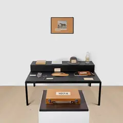 Éloge du sujet by Marcel Broodthaers, 1974, (i) paper collage on card, in artist's frame (ii) bottle, handbag, painter's palette, envelope, mirror, paper box, hat, , sold Oct 2024