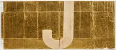 Danh Vō, Alphabet (J), 2011, gold leaf on unfolded cardboard box, in Plexiglas box