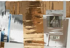 Isa Genzken, Untitled, 2015, mirror foil, printed card and bank note on canvas